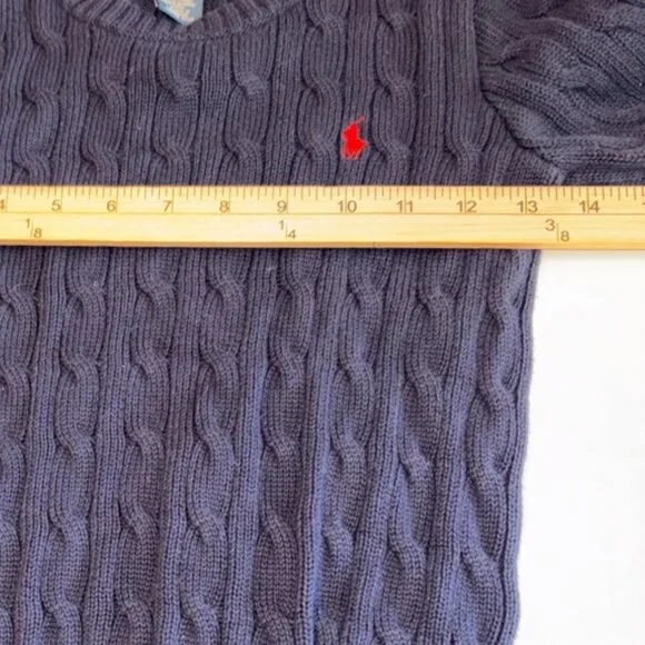 Boys Polo Ralph Lauren 100% Cotton Cable Knit Navy Blue Sweater Red Horse size 8 - Picture 7 of 8